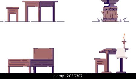 Desk and chairs semi flat RGB color vector illustration set Stock Vector