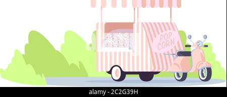 Pink popcorn cart semi flat RGB color vector illustration Stock Vector