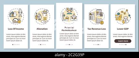 Consequences of unemployment onboarding mobile app page screen with concepts. Job crisis economic effects walkthrough five steps graphic instructions. Stock Vector