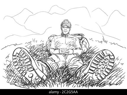 Perspective drawing of hiker man sitting on ground, with legs in trekking boots, stretched forward, and with back rested on backpack, in mountains env Stock Vector