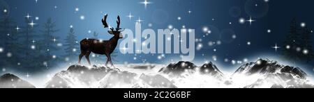 reindeer in the snowy mountains - blur lights background Stock Photo