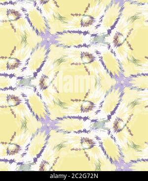 Yellow shibori tie dye dotted geometric circle background. Seamless pattern wax print bleached resist background. Irregular dip dyed batik textile Stock Vector