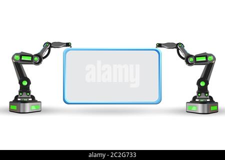 Blank poster supported by the robotic arms Stock Photo