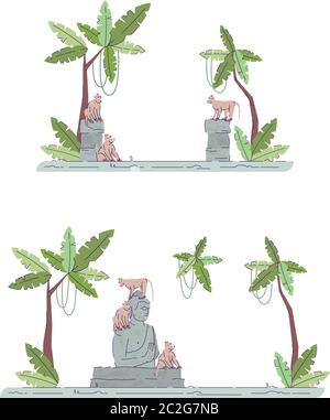 Indonesian temple ruins semi flat RGB color vector illustration set Stock Vector