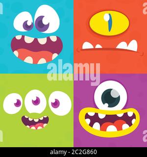 Cartoon monster faces set. Vector set of four Halloween monster faces with different expressions Stock Vector