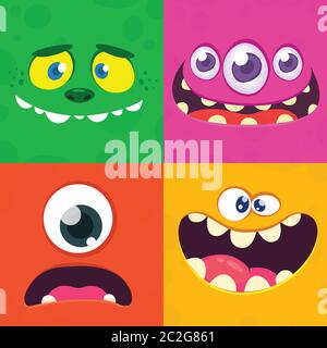 Cartoon monster faces set. Vector set of four Halloween monster faces or avatars. Print design of monsters mask for masquerade Stock Vector
