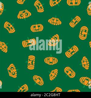 Halloween Decoration Seamless Pattern with Different Orange Natural Pumpkin Isolated on Green Background. Stock Photo