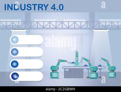 Industry 4.0 Smart factory concept showing robots working on assembly line in factory interior. Empty infographic white labels in blue shades are read Stock Photo