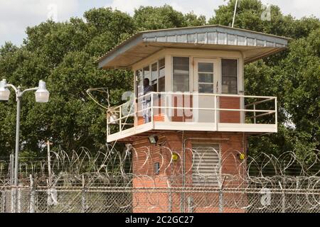 Guard tower on the grounds of the maximum-security Darrington Unit men's prison, part of the Texas Department of Criminal Justice. The unit is located in Brazoria County in Southeast Texas. ©Bob Daemmrich Stock Photo