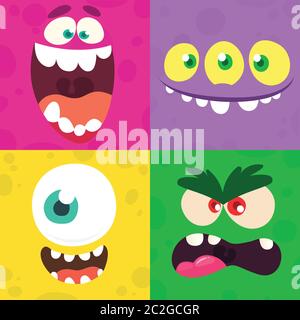 Cartoon monster faces set. Vector set of four Halloween monster faces with different expressions Stock Vector