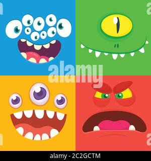 Cartoon monster faces set. Vector set of four Halloween monster faces with different expressions. One eyed alien, funny devil, scary alienl, many eyed Stock Vector