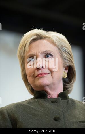 Newton Iowa USA, January 28, 2016: Democratic frontrunner Hillary Clinton, former U.S. senator and first lady, takes her campaign to Newton, Iowa about an hour outside Des Moines as she works to beat challenger Bernie Sanders at the Iowa Caucuses on Monday.  ©Bob Daemmrich Stock Photo