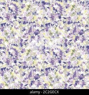 Blurry shibori tie dye naive daisy background. Seamless pattern on bleached resist white. Spring lilac pastel for irregular dip dyed batik textile Stock Vector