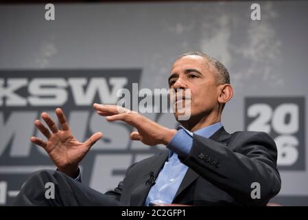 Austin, Texas USA, March 11, 2016:   U.S. President Barack Obama speaks about the digital divide during a keynote speech at South by Southwest digital conference. Obama is pushing for tech-savvy people to be more socially responsible and continue his legacy.   ©Bob Daemmrich Stock Photo