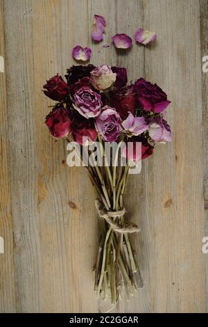 bouquet of dried roses on a wooden background Stock Photo