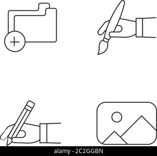 Artist work elements pixel perfect linear icons set Stock Vector