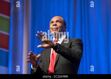 Houston Texas USA, April 14, 2016: Legendary boxer Sugar Ray Leonard, who won world titles in five different weight divisions, delivers a motivational and inspirational message at a business convention.  ©Bob Daemmrich Stock Photo