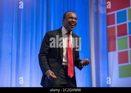 Houston Texas USA, April 14, 2016: Legendary boxer Sugar Ray Leonard, who won world titles in five different weight divisions, delivers a motivational and inspirational message at a business convention.  ©Bob Daemmrich Stock Photo