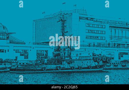 Tug technical fleet. Moored berth at the port. Black Sea. Stock Vector