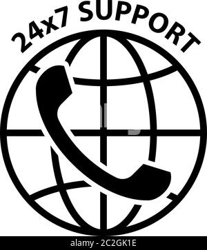 International Phone Support Icon, Responsive 24/7, Twenty Four Hours A Day Throughout The Year Vector Art Illustration Stock Vector