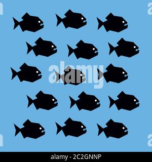 Vector stylized graphic illustration of a shoal of piranha fish. Black silhouettes of scary creatures with big teeth and white eyes. Square format, bl Stock Vector