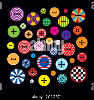 Set of a vector colorful clothing buttons. Composition on a black background. Square format. Stock Vector