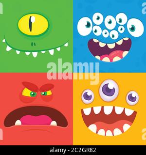 Cartoon monster faces set. Vector set of four Halloween monster faces or avatars. Print design of monsters mask for masquerade Stock Vector