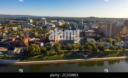 Morning light hits the buildings and downtown city center area in Pennsylvania state capital at Harrisburg Stock Photo