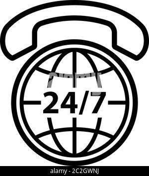 International Phone Support Icon, Responsive 24/7, Twenty Four Hours A Day Throughout The Year Vector Art Illustration Stock Vector