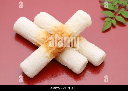 Japanese food, Chikuwa kamaboko on red background Stock Photo