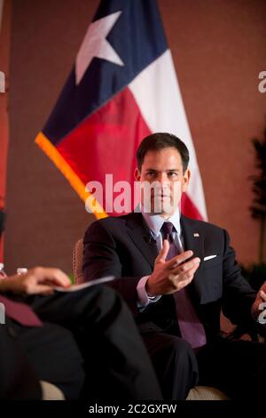 San Antonio Texas USA, April 15 2014: U.S. Sen. Marco Rubio of Florida, a Cuban-American native of Miami, speaks to business leaders during a business conference. Rubio, often called the crown prince of the Tea Party movement, is seen as a possible 2016 presidential candidate.   ©Bob Daemmrich Stock Photo