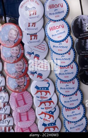 Austin, Texas USA, June 20, 2014: Rows of campaign buttons for former First Lady, U.S. Senator and U.S. Secretary of State Hillary Rodham Clinton are for sale as Clinton visits an Austin bookstore to sign her new book, 'Hard Choices.' Clinton is testing the waters for a presidential run in 2016.   ©Bob Daemmrich Stock Photo