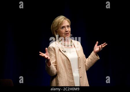 Austin Texas USA, June 20, 2014: Former First Lady, U.S. Senator and Secretary of State Hillary Rodham Clinton speaks about her experiences in public life to a sold-out crowd at a fundraiser in Austin. Clinton is in the midst of a nationwide book signing and speaking tour in advance of an expected presidential run in 2016.   ©Bob Daemmrich Stock Photo