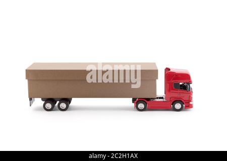 Long delivery truck with a cardboard box trailer isolated on white background Stock Photo