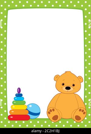Vector light green frame with white polka dots. Brown teddy bear, stacking rings toy and ball. Place for text on a white background. Vertical format A Stock Vector