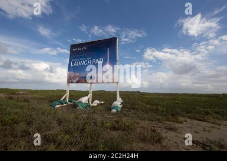 Boca Chica Texas USA, September 23, 2014: A temporary sign marks the site in Cameron County where SpaceX plans to build a space port in far south Texas. The remote site east of Brownsville, Texas is two miles from the mouth of the Rio Grande River and Texas' border with Mexico.    ©Bob Daemmrich Stock Photo