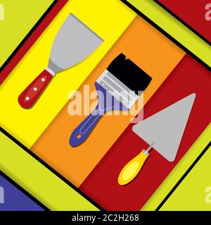 Vector illustration of a putty knife, paint brush, and pointing trowel. Hand tools for building, plastering and painting works on a colorful abstract Stock Vector