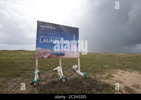 Boca Chica Texas USA, September 23, 2014: A temporary sign marks the site in Cameron County where SpaceX plans to build a space port in far south Texas. The remote site east of Brownsville, Texas is two miles from the mouth of the Rio Grande River and Texas' border with Mexico.    ©Bob Daemmrich Stock Photo