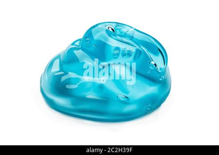Blue gel container isolated on white background from top view. Transparent gel with bubbles close-up Stock Photo