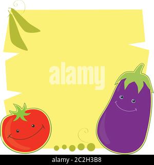 Vector illustration of funny cartoon tomato and eggplant on a yellow background. Place for text. Retro style. Stock Vector