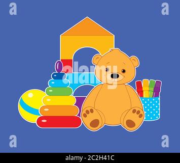 Vector colorful illustration for children, toys on a blue background. Brown teddy bear, ball, blocks, felt tip pens and rainbow stacking rings tower. Stock Vector