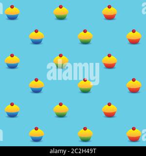 Vector seamless pattern. Yellow cupcakes with red cherry on the top in colorful cups. Square format, light blue background. Stock Vector