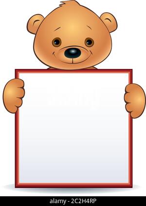 Illustration of a cute cartoon teddy bear holding a blank square sign. Stock Vector