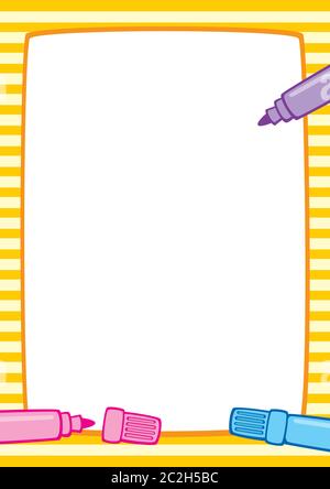 Vector colorful illustration of a yellow striped frame and three marker pens: pink, light blue and purple. Place for text on a white background. A4. Stock Vector