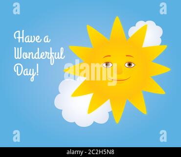 Vector cartoon illustration of a smiling sun and white clouds in a blue sky. Greeting text "Have a wonderful day". Horizontal format, cursive font. Stock Vector