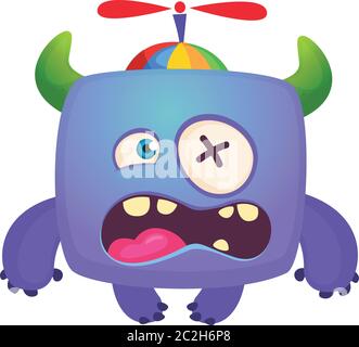 Funny cartoon monster wearing hat with propeller. Vector Halloween illustration Stock Vector