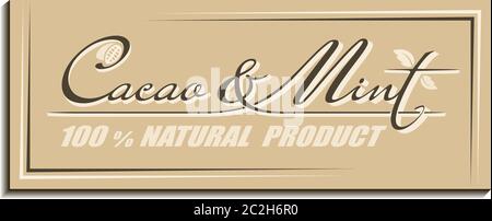 Calligraphic handwritten text Cacao & Mint with cocoa beans and spearmint leaves icon. Retro concept design of brand name lettering Stock Vector