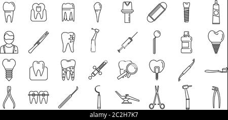 Tooth restoration clinic icons set. Outline set of tooth restoration clinic vector icons for web design isolated on white background Stock Vector