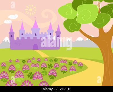 Vector illustration for children of a landscape with clover field, tree, and mountains and a fairy castle on the background. Pastel colors, horizontal Stock Vector