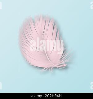 Vector 3d Realistic Falling Pink Fluffy Twirled Flamingo Feather Icon Closeup Isolated on Blue Background. Design Template, Clipart of Angel or Bird Stock Vector